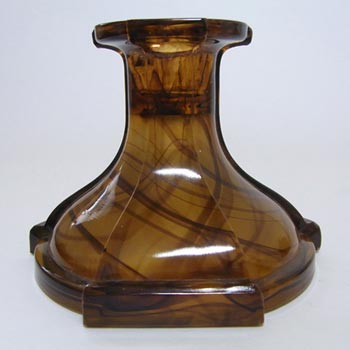 Davidson #330 Art Deco Amber Cloud Glass Candlesticks + Bowl