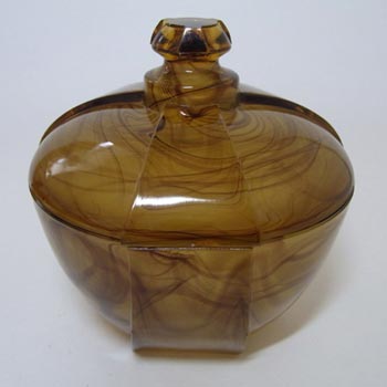 Davidson #330 Art Deco Amber Cloud Glass Candlesticks + Bowl