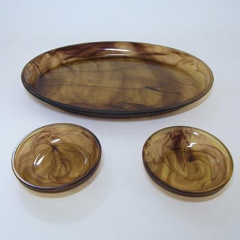 Davidson #326 Art Deco Amber Cloud Glass Trinket Tray + Bowls