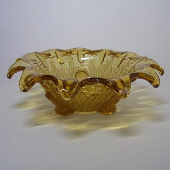 Sowerby Art Deco 1930s Amber Glass Frog + Bullrush Bowl