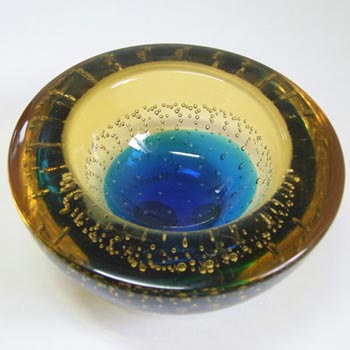 Galliano Ferro Murano Bullicante Blue & Amber Glass Bowl - Labelled