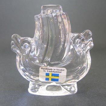 Lindshammar Swedish Glass Ship Paperweight - Labelled