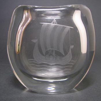Magnor Norwegian 1950\'s Glass Etched Ship Vase - Signed