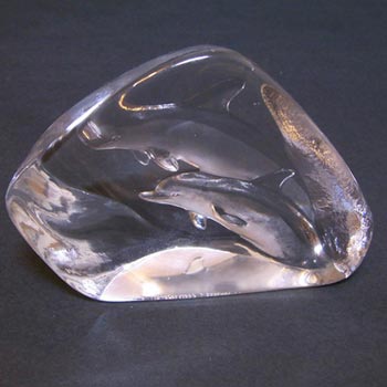 Mats Jonasson #3576 Glass Jumping Dolphins Paperweight - Signed