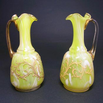 Pair of Welz Bohemian Lemon Yellow & White Spatter Glass Vases/Jugs