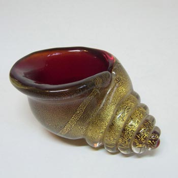 Murano 1950s Red & Gold Leaf Glass Shell Sculpture Bowl