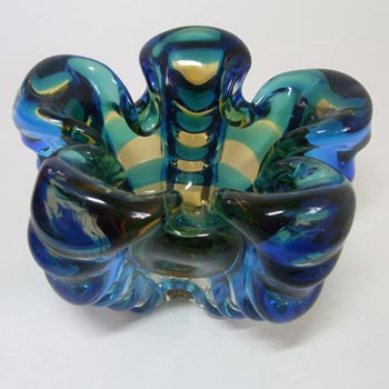 (image for) Japanese Amber & Blue Glass Organic Ribbed Sculpture Bowl