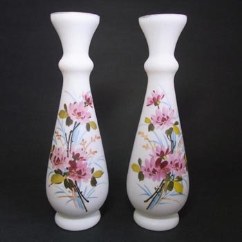 2 x Victorian Hand Painted/Enamelled Opaque Glass Vases