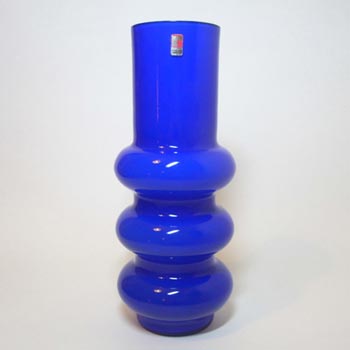 Ryd Glasbruk Swedish / Scandinavian Blue Glass Hooped 10.5" Vase - Label