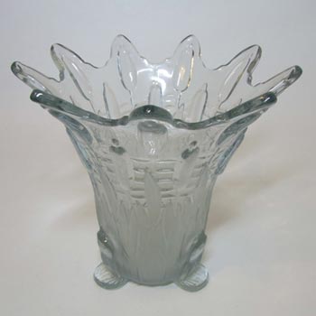 Sowerby Art Deco 1930s Blue Glass Frog + Bullrush Vase