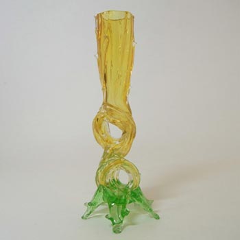 Bohemian 1900's Amber + Uranium Green Glass Thorn Vase