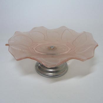 Bagley Art Deco Pink Glass 'Roses + Leaf' Cake Stand