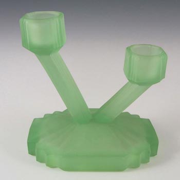 Bagley #3057 Art Deco Uranium Green Glass 'Bedford' Candlesticks