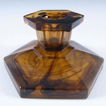 Davidson #283/S British Art Deco Amber Cloud Glass Candlesticks