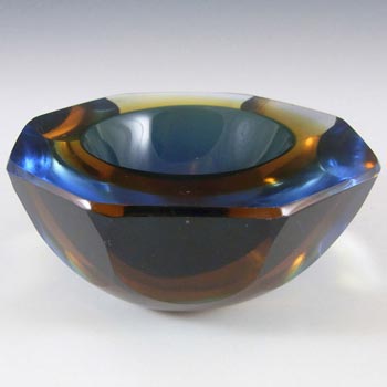 Murano Sommerso Faceted Blue & Amber Glass Block Bowl