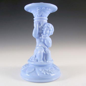 Blue Milk Glass Cherub Candlestick Holder