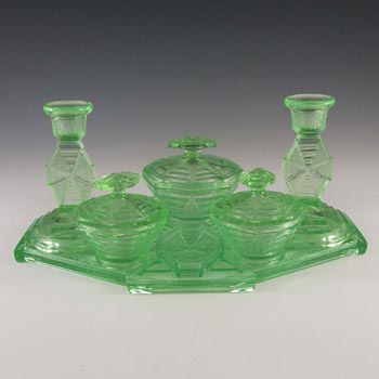 Bagley #3085 Art Deco Uranium Green Glass Trinket Set