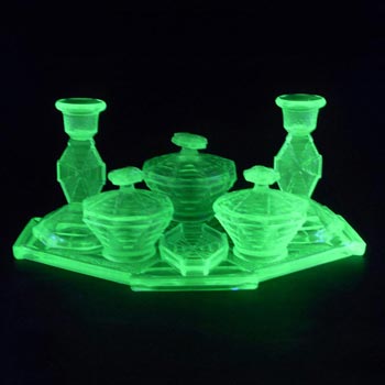 Bagley #3085 Art Deco Uranium Green Glass Trinket Set