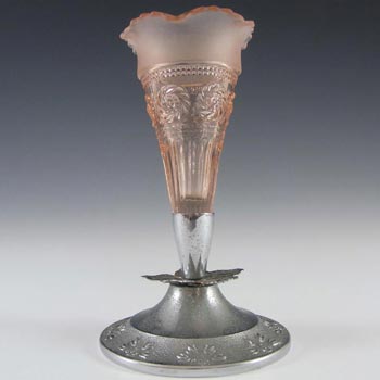 Bagley #3187 Art Deco 6.5" Pink Glass & Metal 'Katherine' Vase