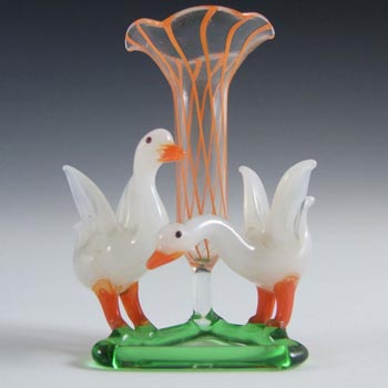 Bimini or Lauscha Orange & White Lampworked Glass Swans Vase