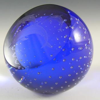 Caithness Blue Glass \"Creatures\" Dolphins Paperweight
