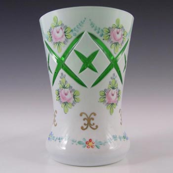 Crystalex Czech Enamelled Green & White Overlay / Cut Glass Vase