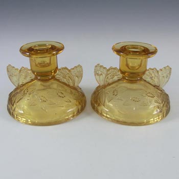 Sowerby Art Deco 1930's Amber Glass Butterfly Candlesticks