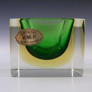 Murano Faceted Green & Amber Sommerso Glass Bowl - Label