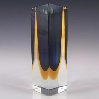 Murano Faceted Blue & Amber Sommerso Glass Block Vase