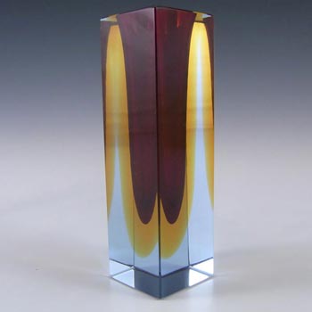 Murano Faceted Red, Amber & Blue Sommerso Glass Block Vase