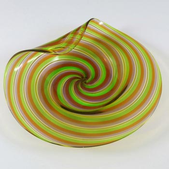 Murano 1950's Green, Red + Purple Filigree Glass Bowl