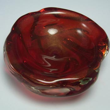 Murano Red & Gold Leaf Glass Sculpture Bowl - Labelled