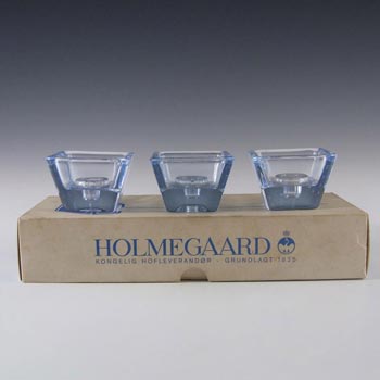 Holmegaard Set of 3 Boxed 'Akva' Blue Glass Candlesticks
