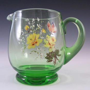 British? Green Glass Hand Painted / Enamelled Jug