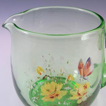 British? Green Glass Hand Painted / Enamelled Jug