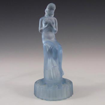 Art Deco Frosted Blue Glass Seated Nude Lady Figurine