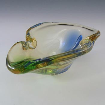 Czech Yellow, Green & Blue Glass Sculpture Bowl