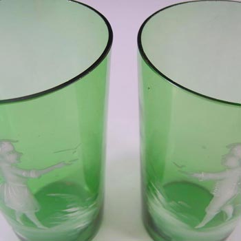 Mary Gregory Bohemian Hand Enamelled Green Glass Tumblers