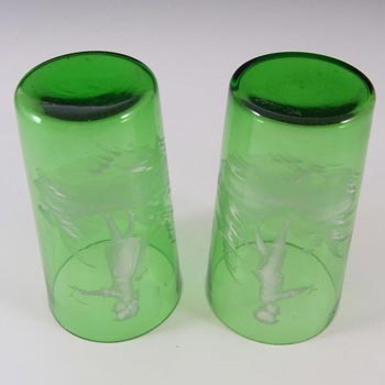 Mary Gregory Bohemian Hand Enamelled Green Glass Tumblers