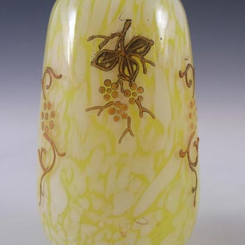 Pair of Welz Bohemian Lemon Yellow & White Spatter Glass Vases