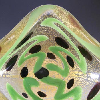 Murano Green, Black & Gold Leaf Glass Zig Zag Bowl