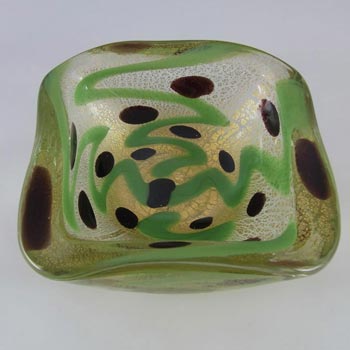 Murano Green, Black & Gold Leaf Glass Zig Zag Bowl