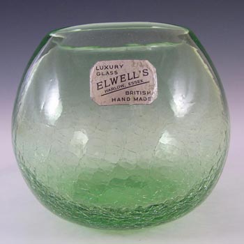 Elwell's Green Crackle Glass Labelled Vase - Nazeing?