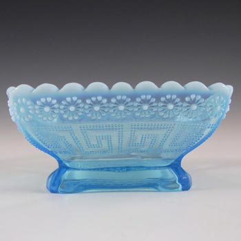 Victorian Blue Pearline Glass \'Daisy + Greek Key\' Bowl