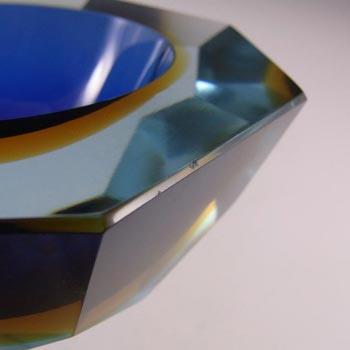 Large Murano Faceted Blue & Amber Sommerso Glass Bowl