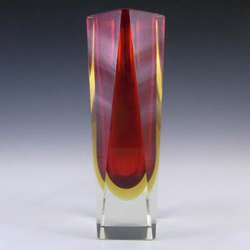 Large 10\" Murano Faceted Red & Amber Sommerso Glass Vase