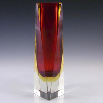 Large 10" Murano Faceted Red & Amber Sommerso Glass Vase