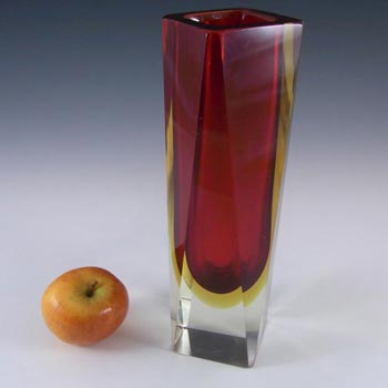 Large 10" Murano Faceted Red & Amber Sommerso Glass Vase