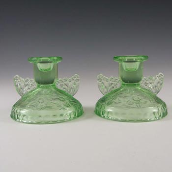 Sowerby Art Deco 1930\'s Green Glass Butterfly Candlesticks