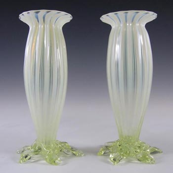 Pair of Victorian 1890's Vaseline/Uranium Glass Vases